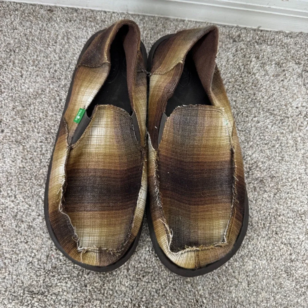 Sanuk Sidewalk Surfer Mens 11 Brown Plaid Vagabond Earthy Slip On Loafers Shoes